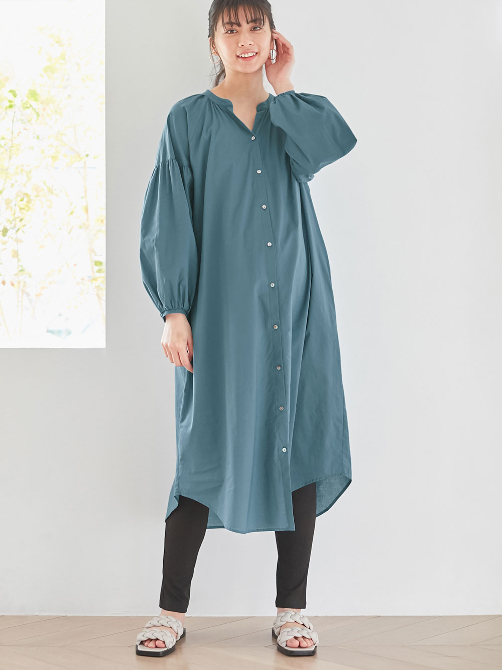 マタニティ ワンピース|コットンローン２WAYボリュームスリーブワンピース　マタニティ・授乳服【出産後も長く使える】|ブルー