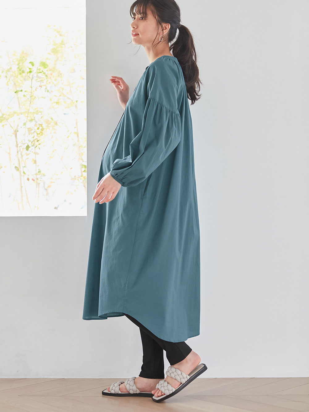 マタニティ ワンピース|コットンローン２WAYボリュームスリーブワンピース　マタニティ・授乳服【出産後も長く使える】|ブルー