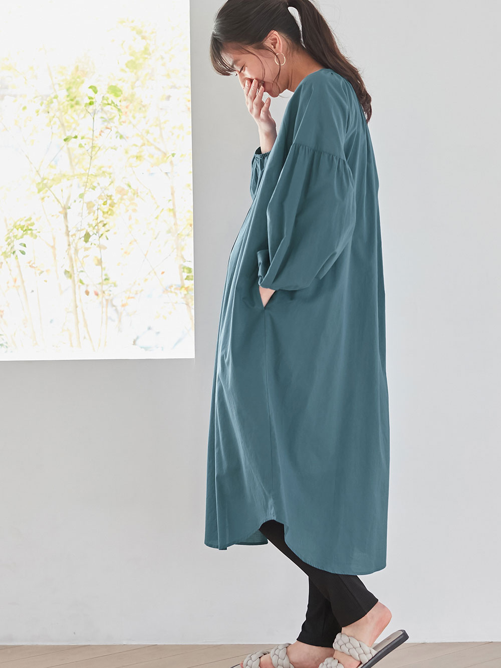 マタニティ ワンピース|コットンローン２WAYボリュームスリーブワンピース　マタニティ・授乳服【出産後も長く使える】|ブルー