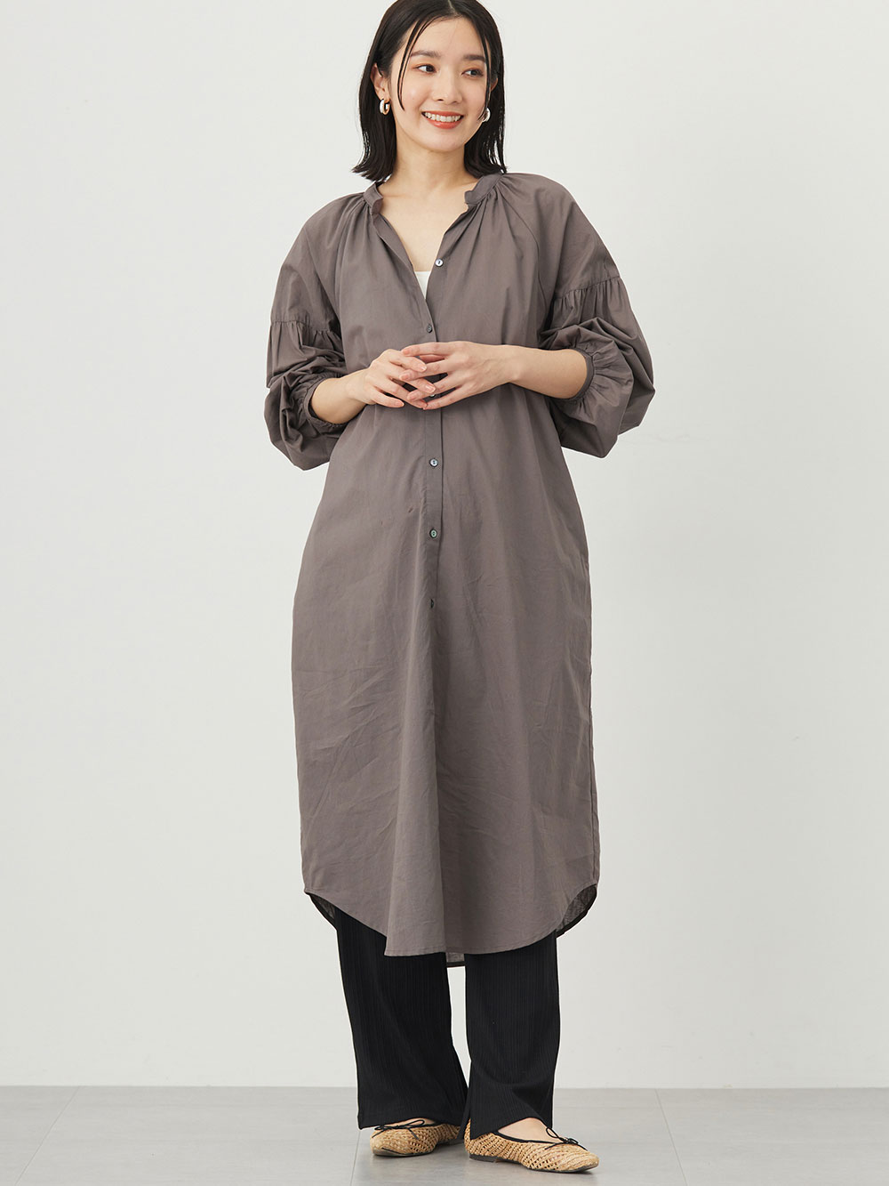 マタニティ ワンピース|コットンローン２WAYボリュームスリーブワンピース　マタニティ・授乳服【出産後も長く使える】|チャコール