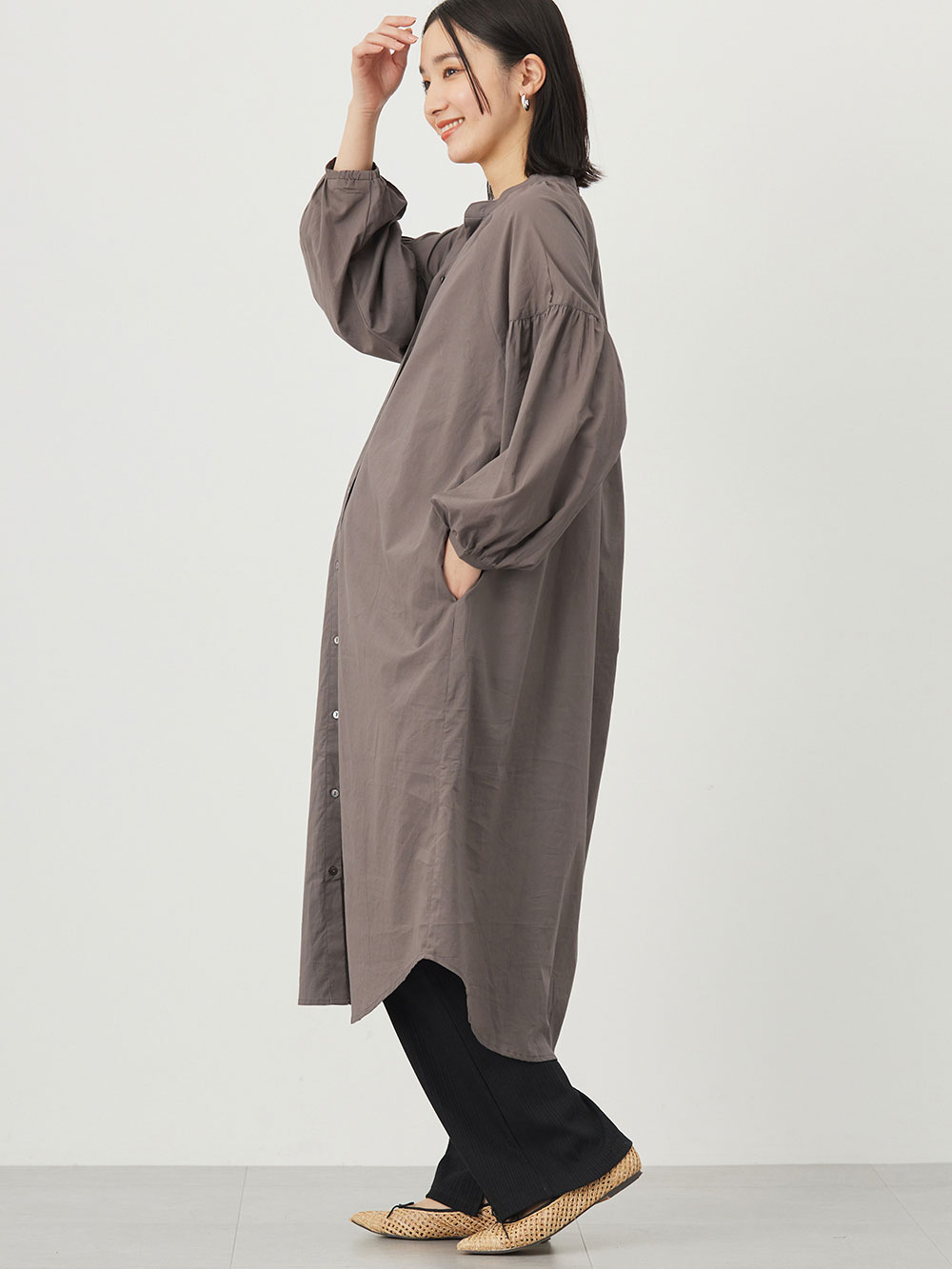 マタニティ ワンピース|コットンローン２WAYボリュームスリーブワンピース　マタニティ・授乳服【出産後も長く使える】|チャコール