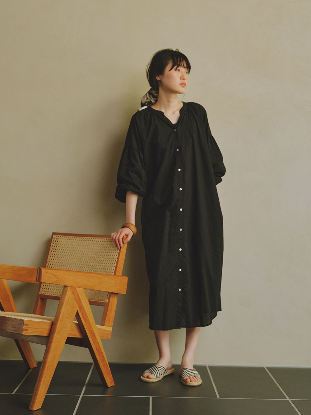 マタニティ ワンピース|コットンローン２WAYボリュームスリーブワンピース　マタニティ・授乳服【出産後も長く使える】|ブラック