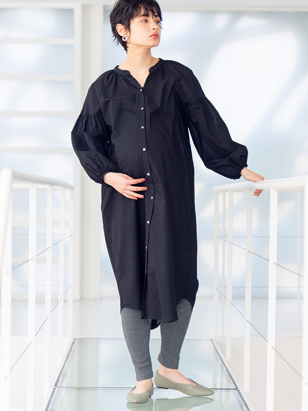 マタニティ ワンピース|コットンローン２WAYボリュームスリーブワンピース　マタニティ・授乳服【出産後も長く使える】|ブラック