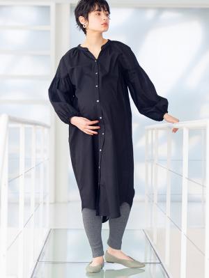 マタニティ ワンピース|コットンローン２WAYボリュームスリーブワンピース　マタニティ・授乳服【出産後も長く使える】|ブラック
