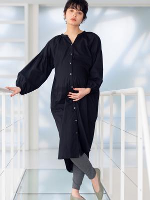 マタニティ ワンピース|コットンローン２WAYボリュームスリーブワンピース　マタニティ・授乳服【出産後も長く使える】|ブラック