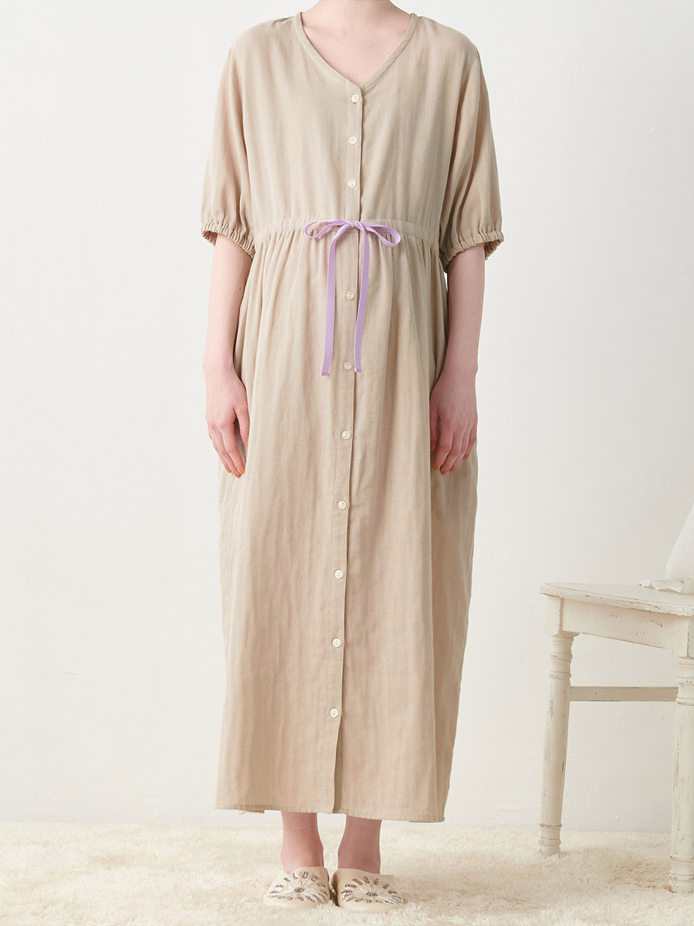 マタニティ パジャマ・ルームウェア|Ｗガーゼウエストリボンネグリジェ　マタニティ・授乳パジャマ