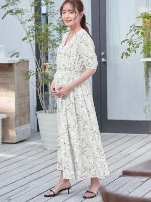 マタニティ ワンピース|ウエストシャーリングプリントロングワンピース　マタニティ・授乳服【出産後も長く使える】|ホワイト