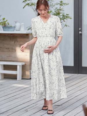マタニティ ワンピース|ウエストシャーリングプリントロングワンピース　マタニティ・授乳服【出産後も長く使える】|ホワイト