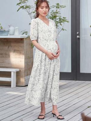 マタニティ ワンピース|ウエストシャーリングプリントロングワンピース　マタニティ・授乳服【出産後も長く使える】|ホワイト