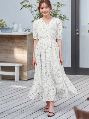 マタニティ ワンピース|ウエストシャーリングプリントロングワンピース　マタニティ・授乳服【出産後も長く使える】|ホワイト