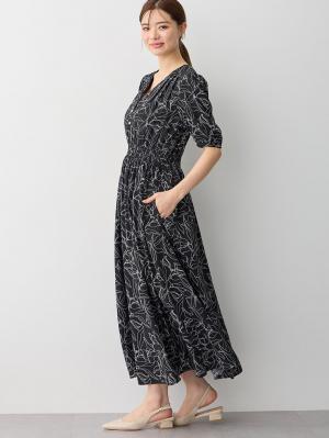 マタニティ ワンピース|ウエストシャーリングプリントロングワンピース　マタニティ・授乳服【出産後も長く使える】|ブラック