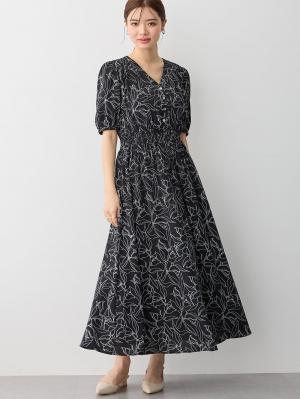 マタニティ ワンピース|ウエストシャーリングプリントロングワンピース　マタニティ・授乳服【出産後も長く使える】|ブラック