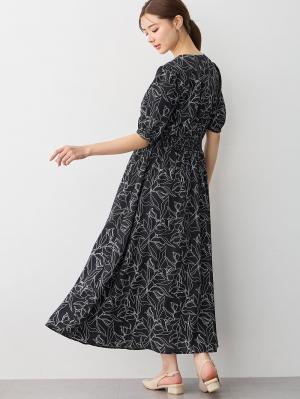 マタニティ ワンピース|ウエストシャーリングプリントロングワンピース　マタニティ・授乳服【出産後も長く使える】|ブラック