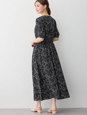 マタニティ ワンピース|ウエストシャーリングプリントロングワンピース　マタニティ・授乳服【出産後も長く使える】|ブラック