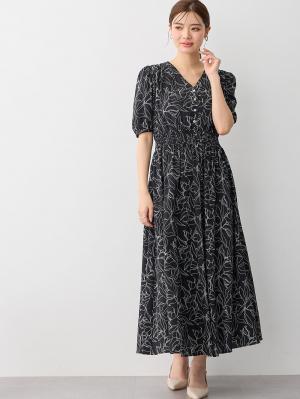 マタニティ ワンピース|ウエストシャーリングプリントロングワンピース　マタニティ・授乳服【出産後も長く使える】|ブラック