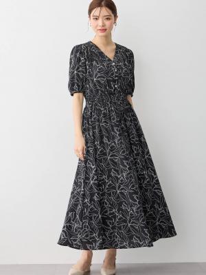 マタニティ ワンピース|ウエストシャーリングプリントロングワンピース　マタニティ・授乳服【出産後も長く使える】|ブラック