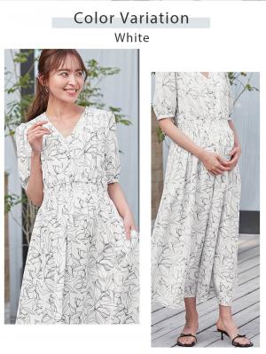 マタニティ ワンピース|ウエストシャーリングプリントロングワンピース　マタニティ・授乳服【出産後も長く使える】