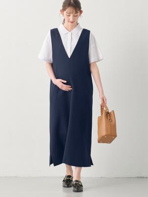 マタニティ ワンピース|Vネックロングジャンパースカート　マタニティ・授乳服【出産後も長く使える】|ネイビー