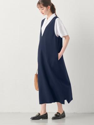 マタニティ ワンピース|Vネックロングジャンパースカート　マタニティ・授乳服【出産後も長く使える】|ネイビー
