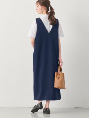 マタニティ ワンピース|Vネックロングジャンパースカート　マタニティ・授乳服【出産後も長く使える】|ネイビー