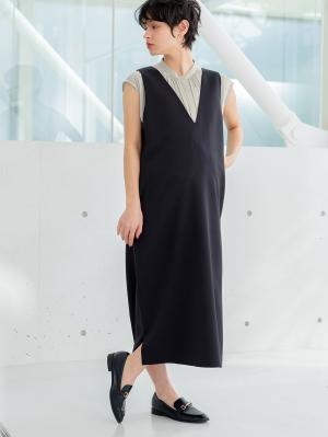 マタニティ ワンピース|Vネックロングジャンパースカート　マタニティ・授乳服【出産後も長く使える】|ブラック
