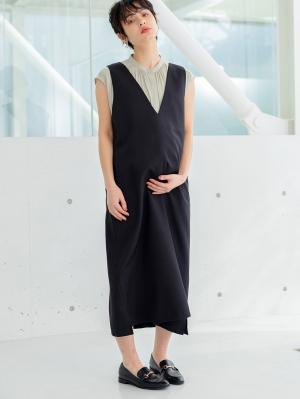 マタニティ ワンピース|Vネックロングジャンパースカート　マタニティ・授乳服【出産後も長く使える】|ブラック