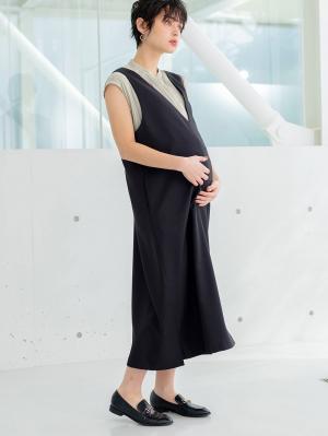 Vネックロングジャンパースカート　マタニティ・授乳服【出産後も長く使える】10188