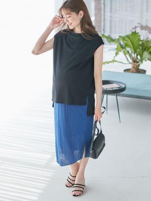 マタニティ ワンピース|ain（アイン）プリーツスカートレイヤード風ワンピース　マタニティ・授乳服【出産後も長く使える】|ブラック×ブルー