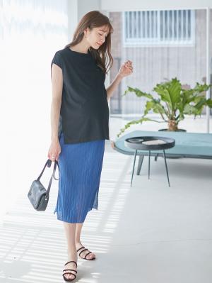 マタニティ ワンピース|ain（アイン）プリーツスカートレイヤード風ワンピース　マタニティ・授乳服【出産後も長く使える】|ブラック×ブルー