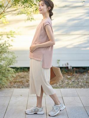 マタニティ ワンピース|ain（アイン）プリーツスカートレイヤード風ワンピース　マタニティ・授乳服【出産後も長く使える】|ピンク×ベージュ