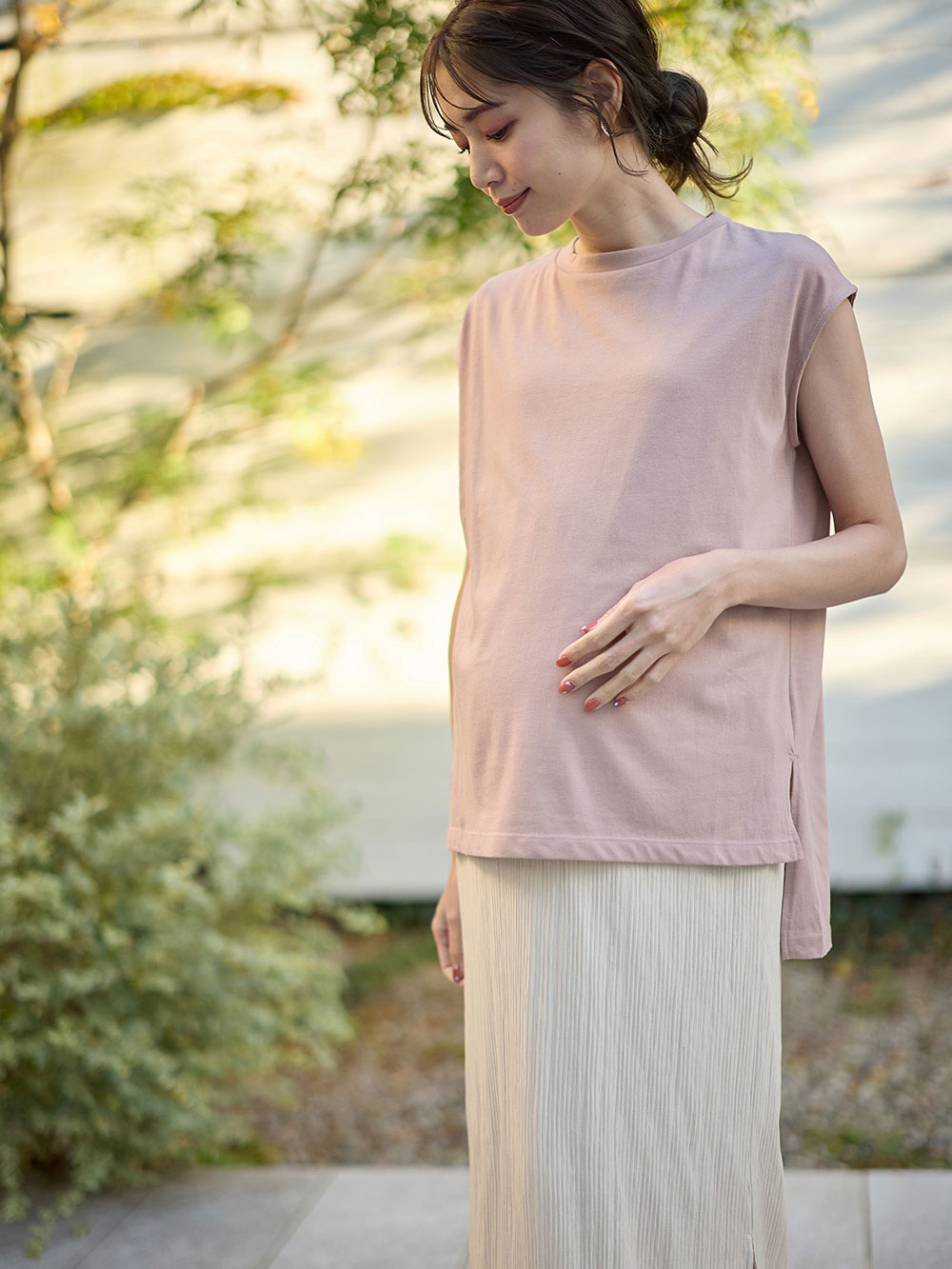 マタニティ ワンピース|ain（アイン）プリーツスカートレイヤード風ワンピース　マタニティ・授乳服【出産後も長く使える】|ピンク×ベージュ