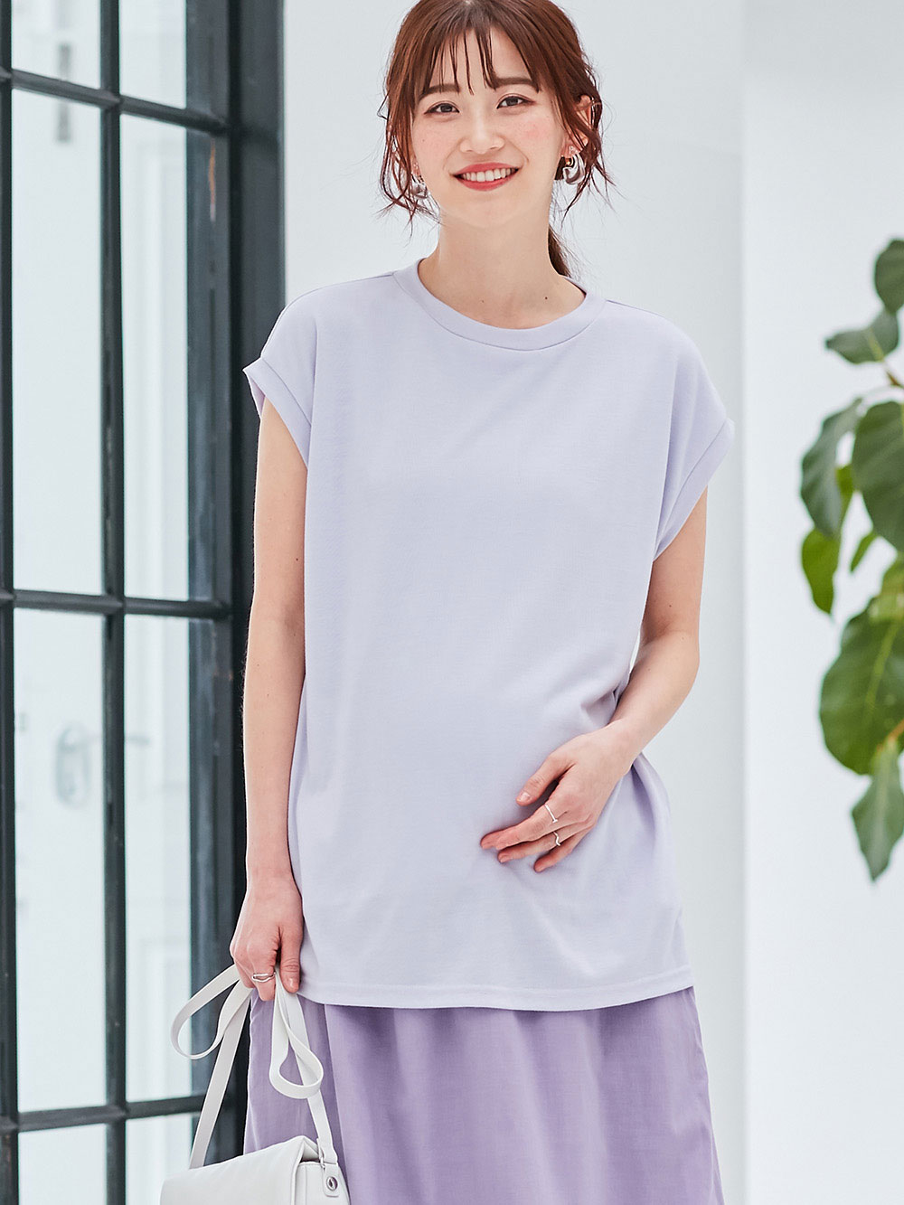 マタニティ トップス|ain(アイン)汗染み防止 フレンチスリーブTシャツ マタニティ・授乳服【出産後も長く使える】|ラベンダー