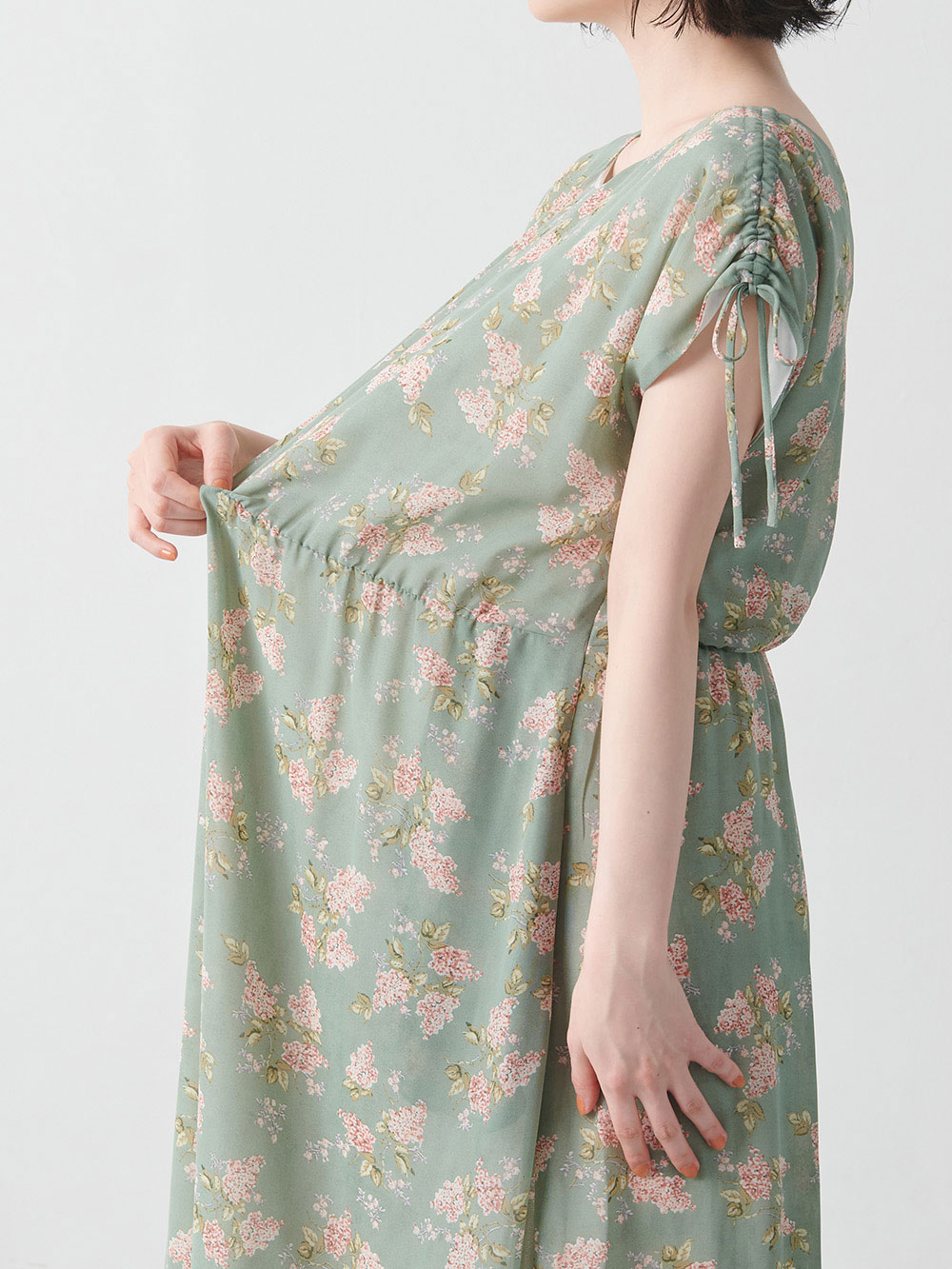 マタニティ ワンピース|フレンチスリーブフラワープリントワンピース マタニティ・授乳服【出産後も長く使える】