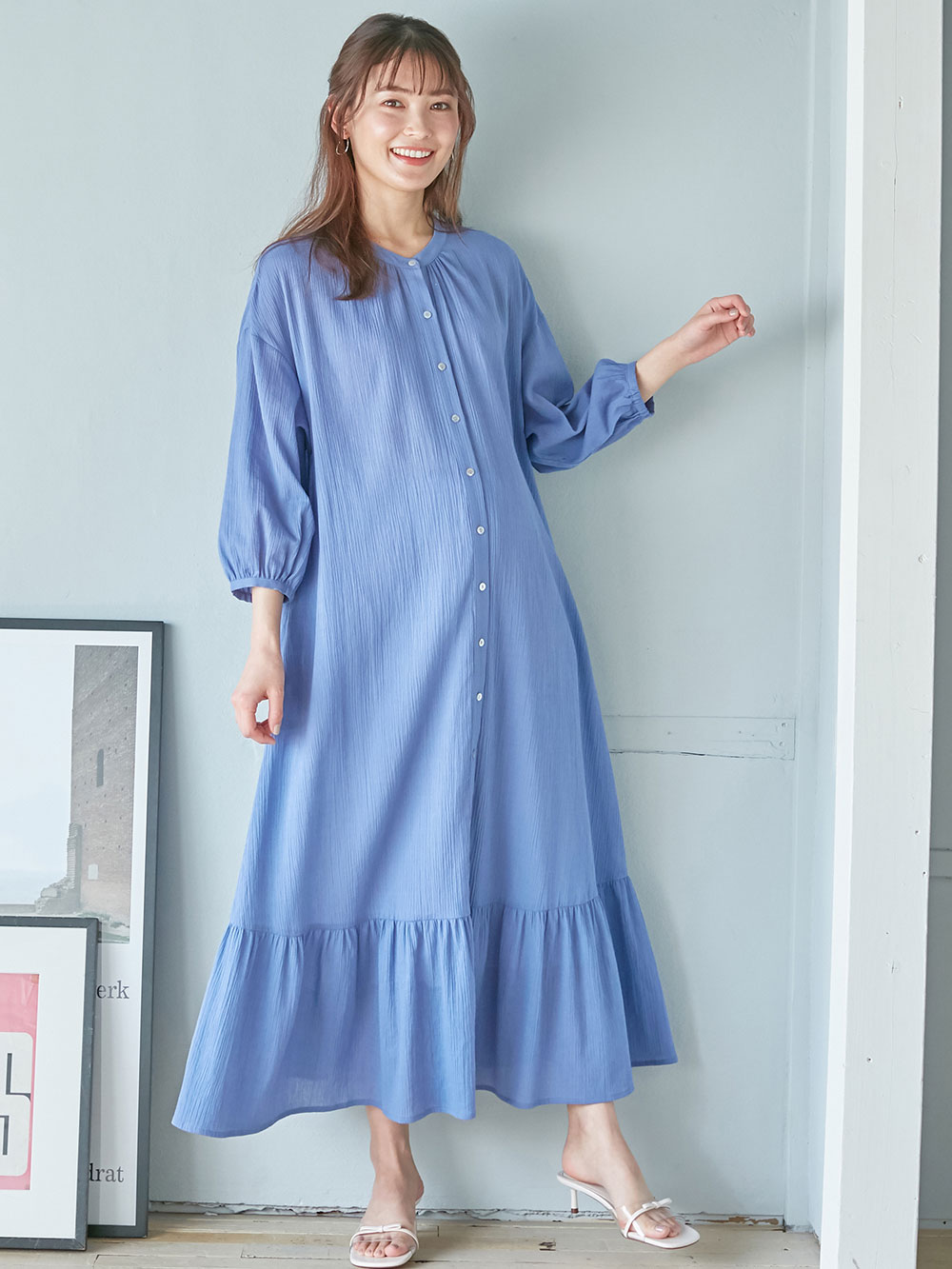 マタニティ ワンピース 出産後も長く使える 2way裾ティア ド楊柳ワンピース ペチコート付 マタニティ 授乳服 マタニティウェア 授乳服通販 エンジェリーベ 公式