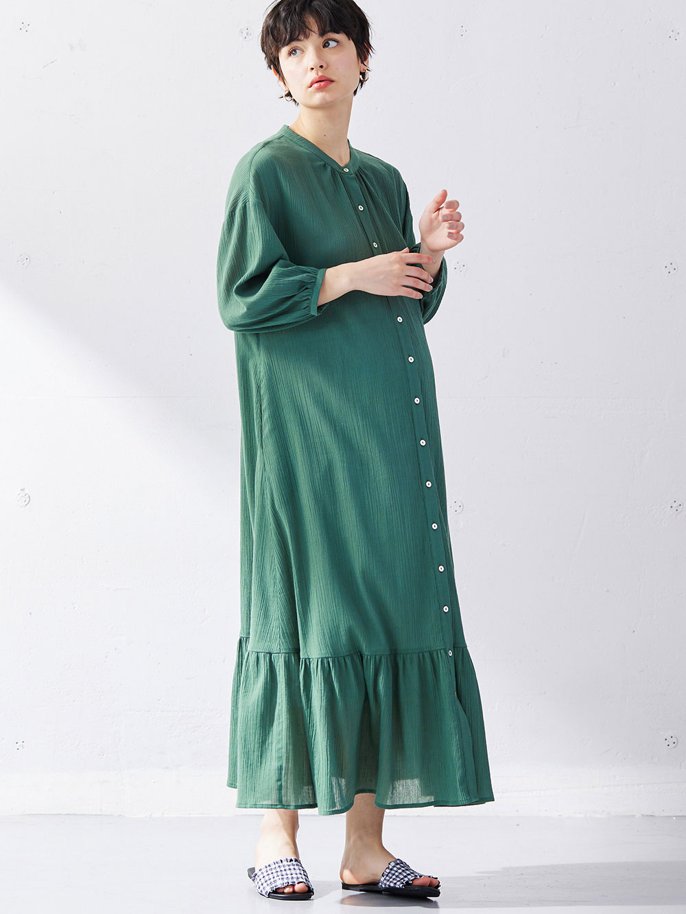 マタニティ ワンピース|2WAY裾ティア―ド楊柳ワンピース（ペチコート付）　マタニティ・授乳服【出産後も長く使える】|グリーン