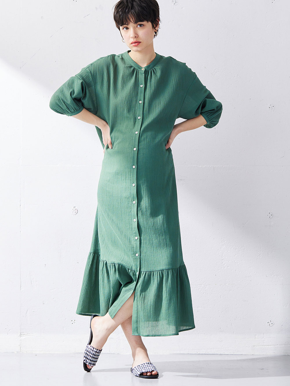 マタニティ ワンピース|2WAY裾ティア―ド楊柳ワンピース（ペチコート付）　マタニティ・授乳服【出産後も長く使える】|グリーン