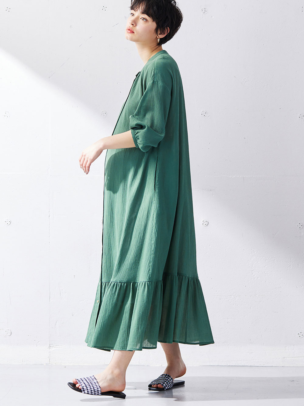 マタニティ ワンピース|2WAY裾ティア―ド楊柳ワンピース（ペチコート付）　マタニティ・授乳服【出産後も長く使える】|グリーン