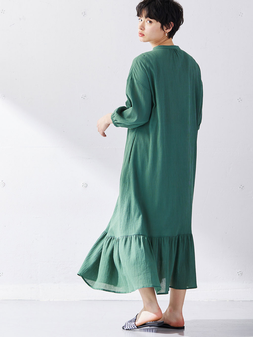 マタニティ ワンピース|2WAY裾ティア―ド楊柳ワンピース（ペチコート付）　マタニティ・授乳服【出産後も長く使える】|グリーン