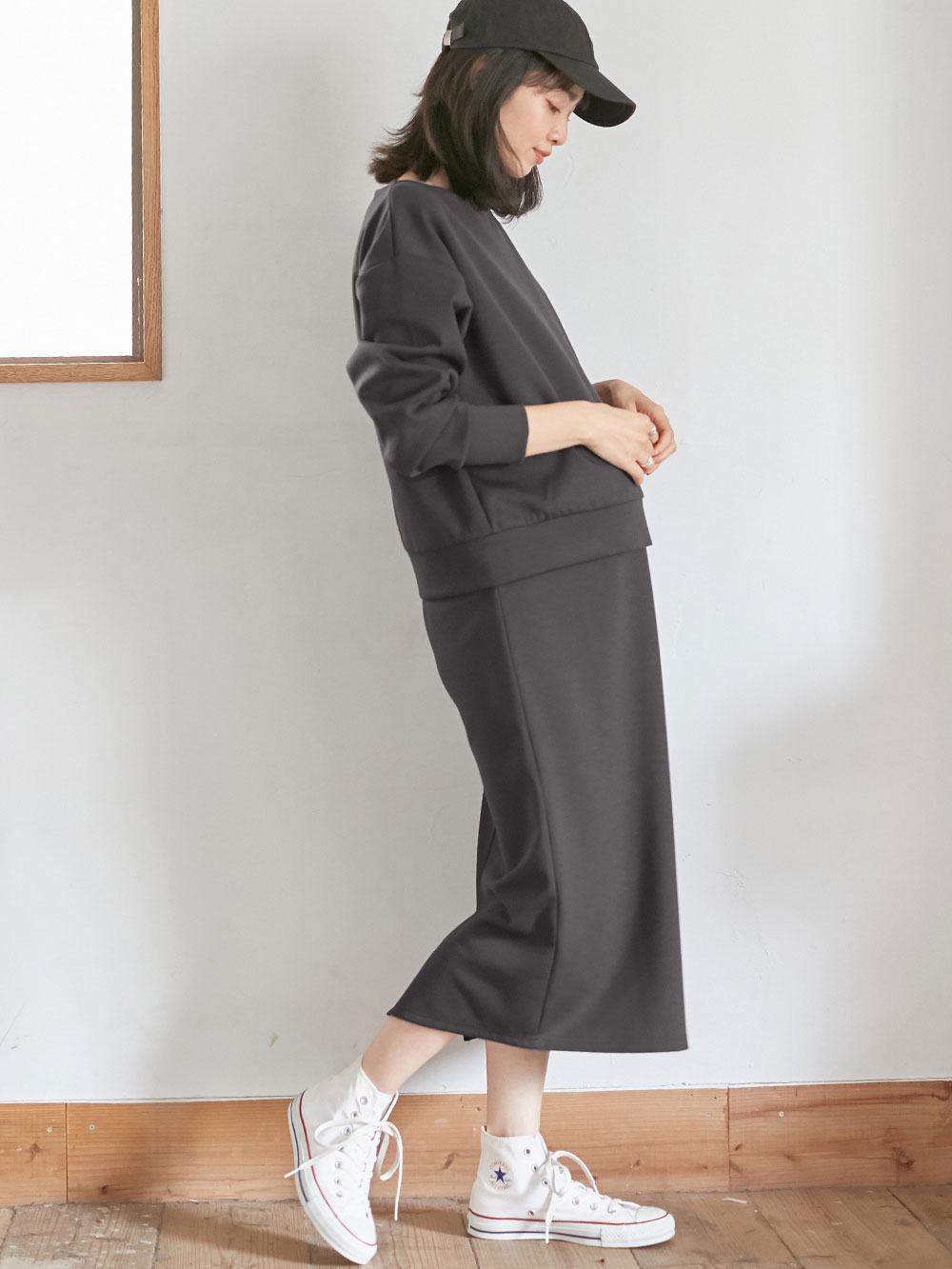 マタニティ ワンピース|ain（アイン）カットソーセットアップ風ワンピース　マタニティ・産後授乳服【出産後も長く使える】|チャコール