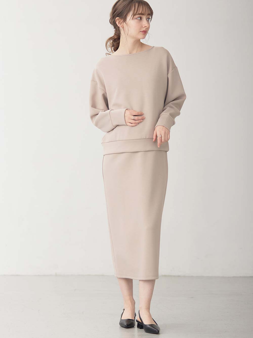 マタニティ ワンピース|ain（アイン）カットソーセットアップ風ワンピース　マタニティ・産後授乳服【出産後も長く使える】|オフベージュ