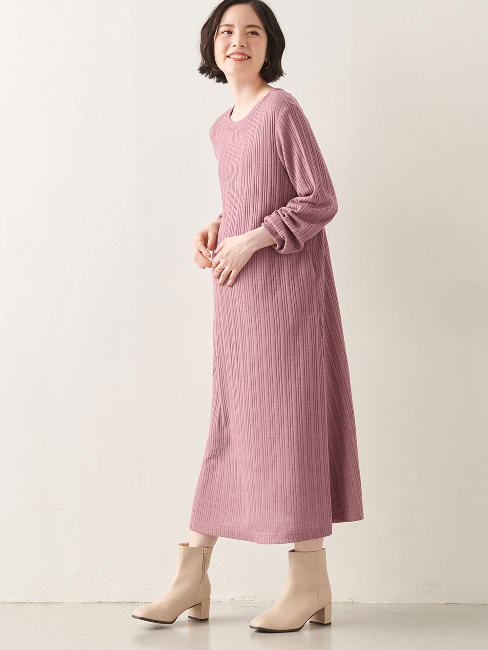 マタニティ ワンピース|ain（アイン）リブニットソーフレアワンピース　マタニティ・産後授乳服【出産後も長く使える】|ピンク