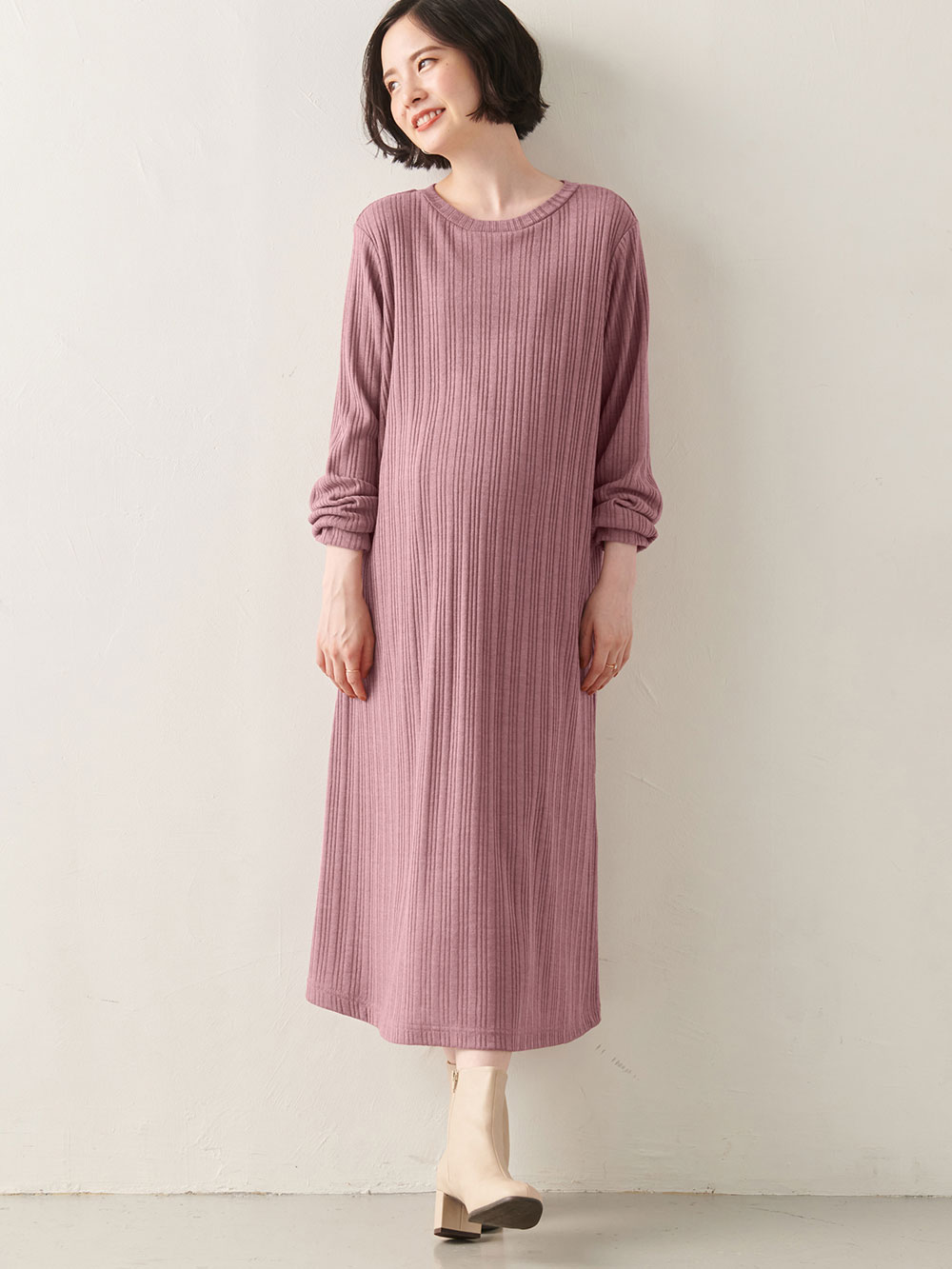マタニティ ワンピース|ain（アイン）リブニットソーフレアワンピース　マタニティ・産後授乳服【出産後も長く使える】|ピンク
