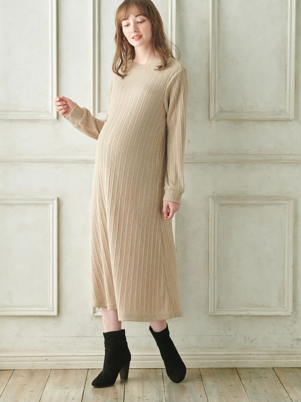 マタニティ ワンピース|ain（アイン）リブニットソーフレアワンピース　マタニティ・産後授乳服【出産後も長く使える】|ピンク