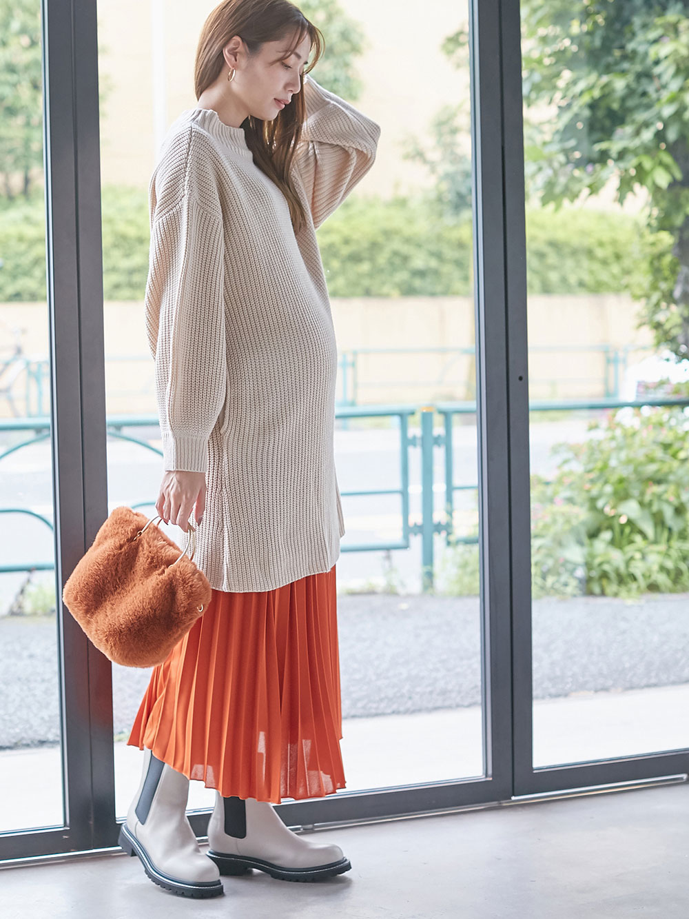 マタニティ スカート|ain（アイン）エステルスムースプリーツスカート　マタニティ|オレンジ