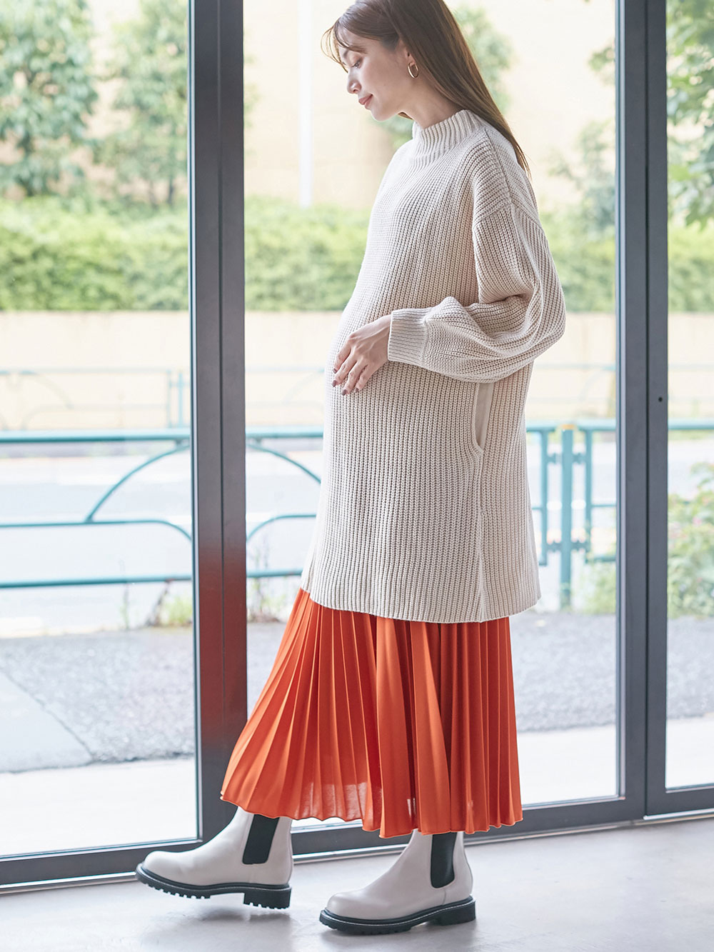 マタニティ スカート|ain（アイン）エステルスムースプリーツスカート　マタニティ|オレンジ