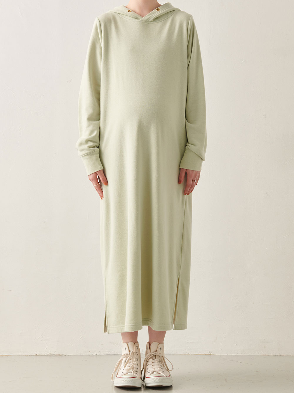 マタニティ ワンピース|やわらかミニ裏毛フードパーカーロングワンピース　マタニティ・産後【出産後も長く使える】