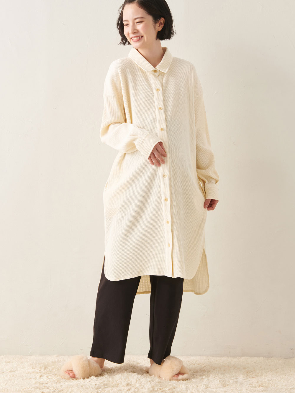 マタニティ パジャマ・ルームウェア|サーマルロングシャツ&産後も使えるパンツパジャマ　マタニティ・授乳パジャマ【出産後も長く使える】|アイボリー