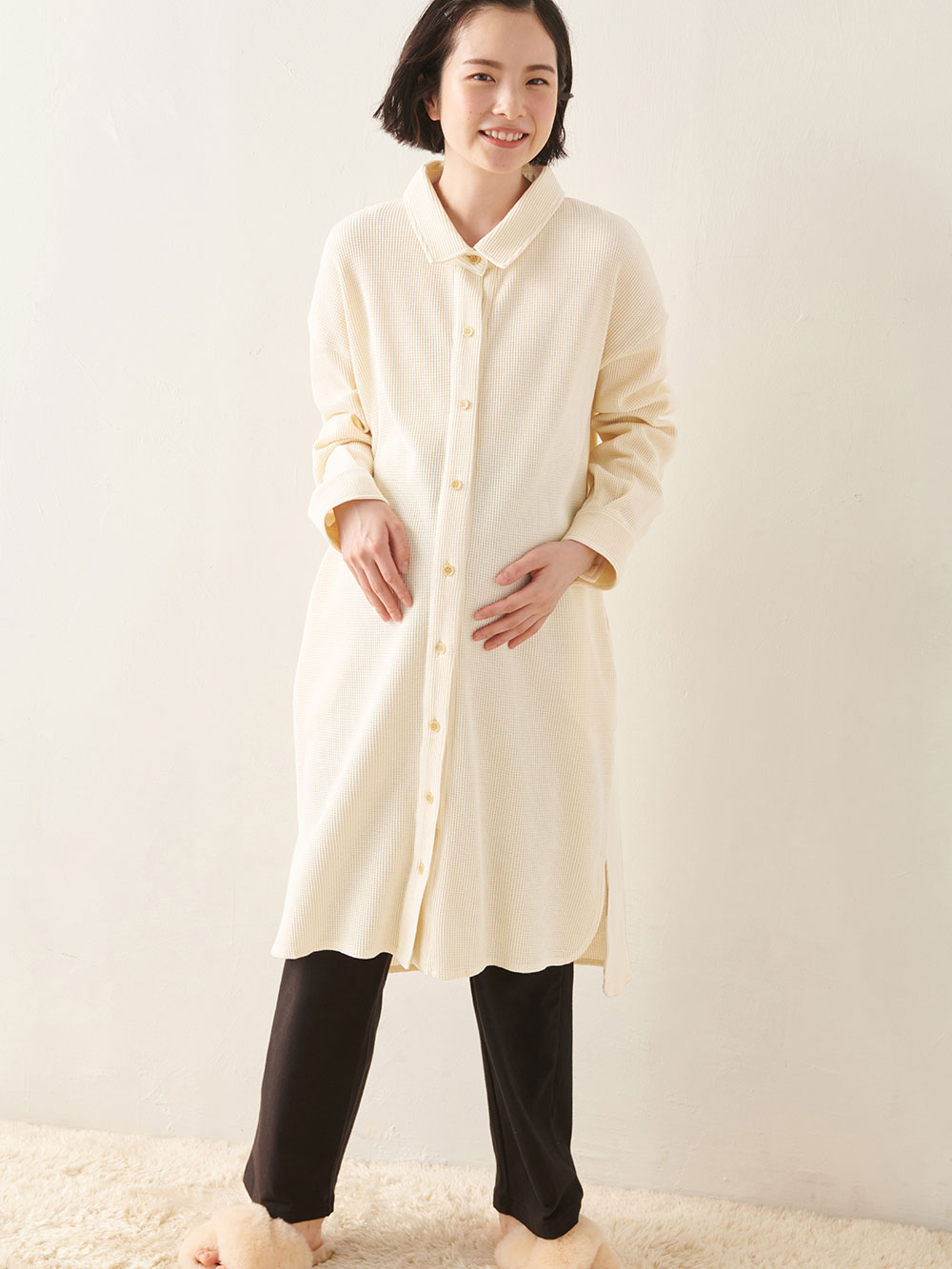 マタニティ パジャマ・ルームウェア|サーマルロングシャツ&産後も使えるパンツパジャマ　マタニティ・授乳パジャマ【出産後も長く使える】|アイボリー