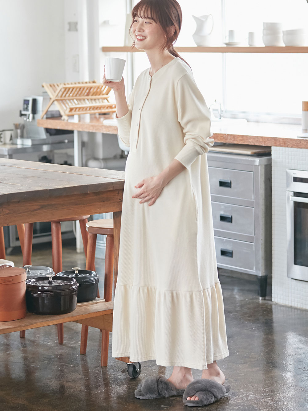 マタニティ パジャマ・ルームウェア|サーマルティアードリラックスネグリジェ　マタニティ・授乳パジャマ【出産後も長く使える】|アイボリー