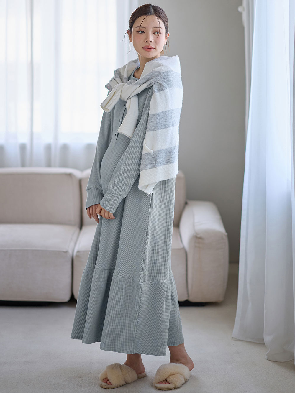 マタニティ パジャマ・ルームウェア|サーマルティアードリラックスネグリジェ　マタニティ・授乳パジャマ【出産後も長く使える】|グレイッシュブルー